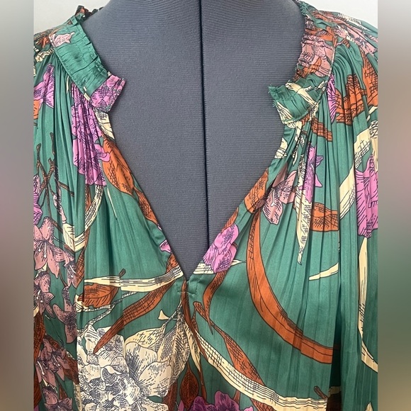 Current Air Los Angeles Green Floral Blouse Sz S Boho Tucked Pleated Peasant Top - Picture 5 of 16